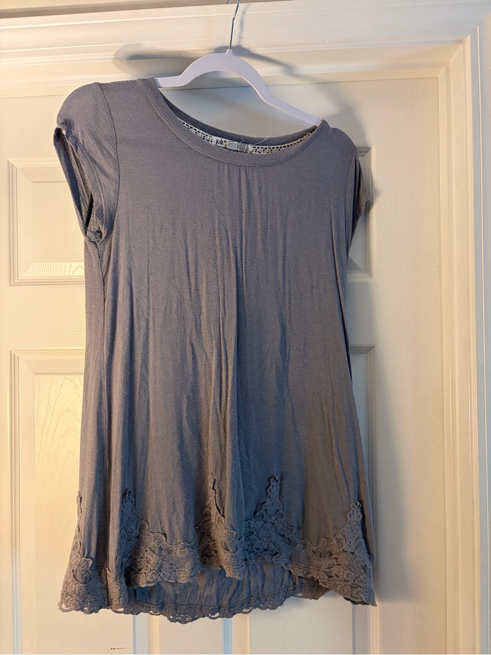 Jolt Dusty Blue Lace-Hem Short Sleeve Tunic